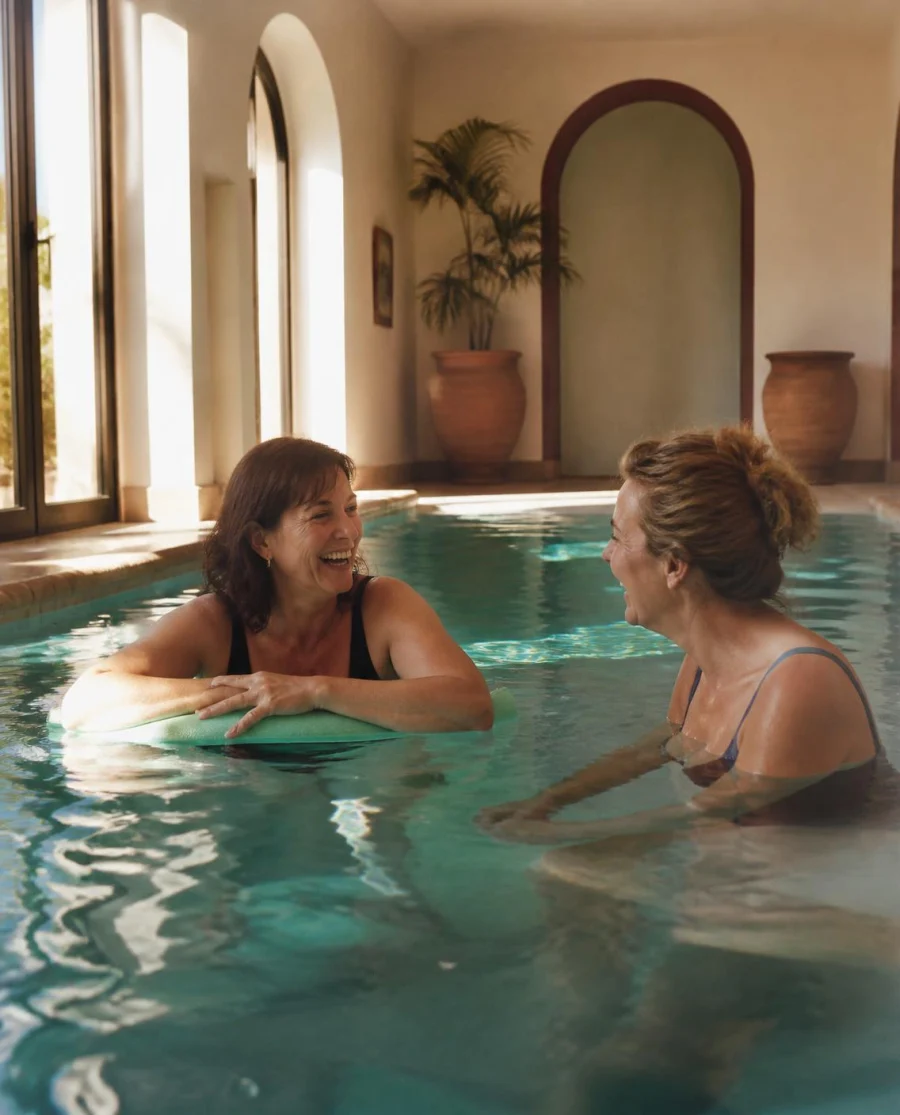 Zwei Frauen unterhalten sich lachend im Wasser eines hellen Hotelpools.